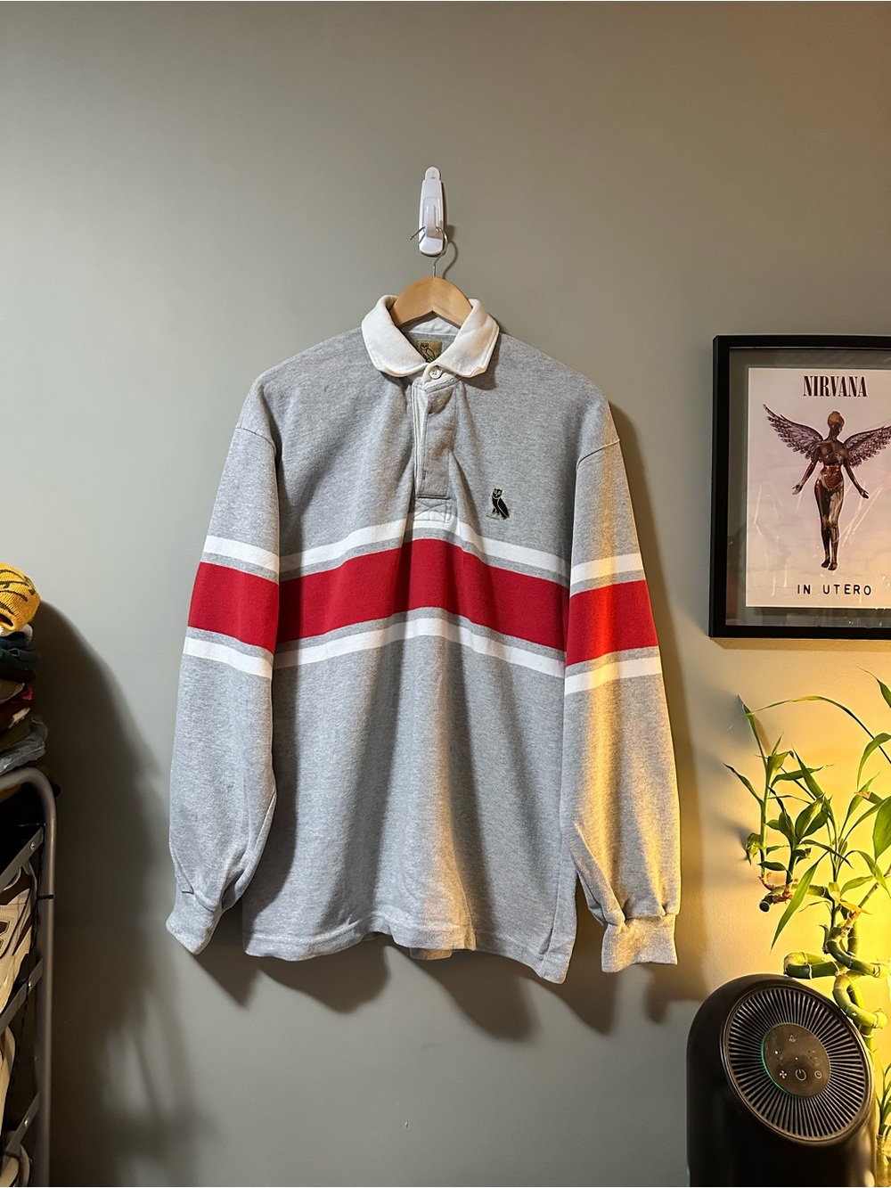 OVO Grey Rugby Polo with Red Stripes